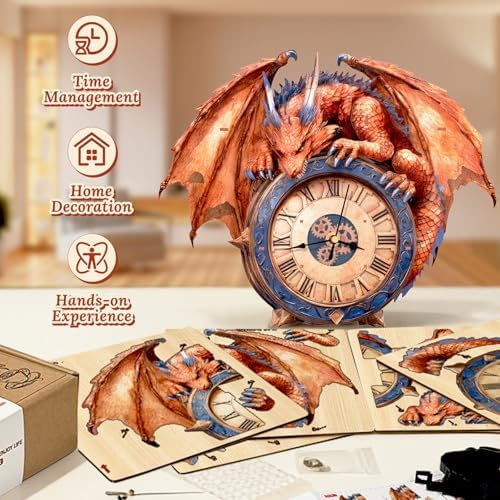 3D Wooden Puzzle for Adults - Fiery Dragon Clock - Image 6