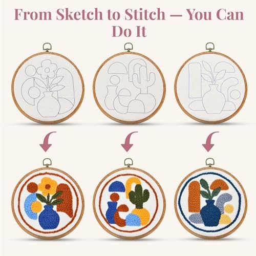 Zyrose Punch Needle Kit for Beginners – Modern Embroidery Kit with Printed Fabric, Non-Slip Hoop, Merino Yarn, 3 Needles – Boho Craft Kit for Adults & DIY Gifts (Boho Abstract) - Image 3
