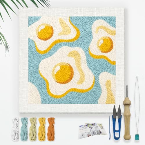 DOODLREAM Fried Egg DIY Punch Needle Embroidery Kit for Adult Beginner, 9.4" Playful Food Punch Stitching Craft Set for Starter with Frame, Fabric Pattern, Threader, Yarn, Punch Needle by Doodlream