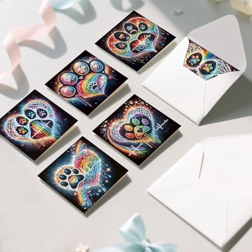 6 Pack Diamond Painting Greeting Cards with Envelopes, DIY 5D Diamond Art Card Kit Colorful Artistic Paw Designs, 30x15cm Handmade Rhinestone Cards Crafts for Pet Lovers and Creative Greetings - Image 7
