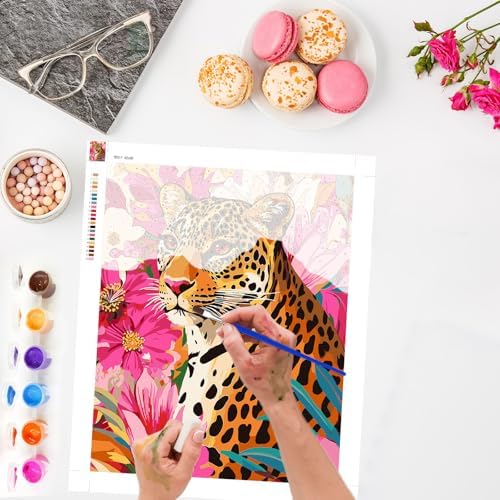 Lxmsja Leopard Paint by Numbers Kit for Adults, Pink Floral Acrylic Paint by Numbers for Adults Beginner, DIY Craft Supplies Oil Painting Kits for Home Wall Decor 16x20 inch (No Frame) - Image 2