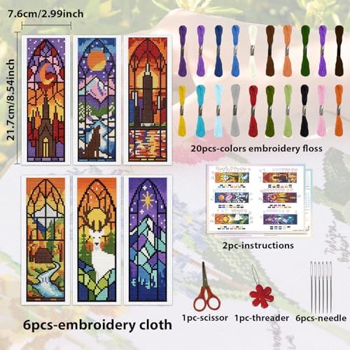 ACRNIGHEET 6PCS Cross Stitch Kits Stamped Cross Stitch Bookmark Kit for Beginner Adults Window View DIY Embroidery Bookmark Kit Needlepoint Kits with Instructions Book Lovers Craft Gift 8.5''x3'' 11CT - Image 2
