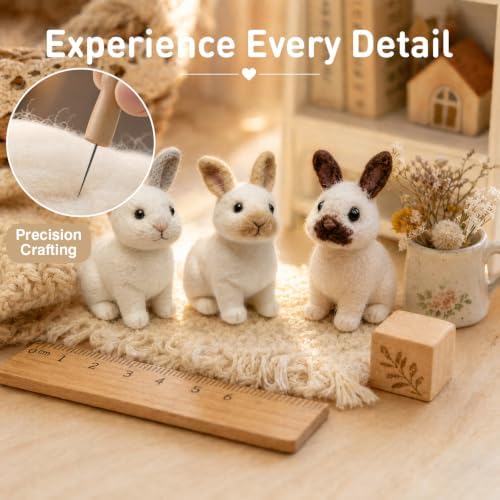 FACE N FACE DIY Needle Felting Kit Realistic White Rabbit Gray Ears – Needle Felting Starter Kit with Fiber Roving, Needles, Felting Pad & Instructions | Felted Rabbit Animal Kit for Beginners Adults - Image 2