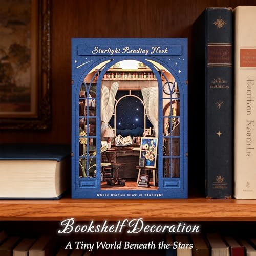 DolphinIsle Book Nook Kits for Adults, DIY Booknook Bookshelf Decor 3D Wooden Puzzle Starlight Reading Nook with Twinkling Starry Sky - Image 6