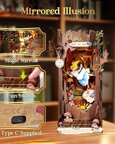 Rolife Book Nook Kit Fall into Wonder 3D Wooden Puzzles 9.9" Wonderland Booknooks DIY Miniature Kit with LEDs Fairy Tale Bookshelf Decor Craft for Adults Gift for Mom Women Men - Image 4