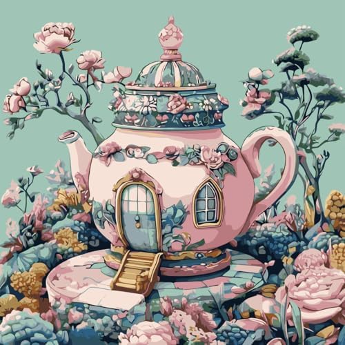 Paint by Numbers Kit for Adults Beginners, Teapot House Adult Paintby Number Kits On Canvas, DIY Acrylic Watercolor Oil ColorfulPainting by Number for Adults Without Frame for Home Decor 16 x16 Inch by Unknown