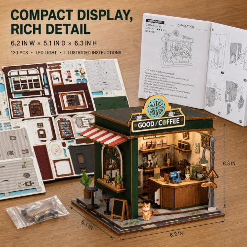Evankin Coffee Shop Book Nook Kit, DIY Miniature House with LED Light - Image 3