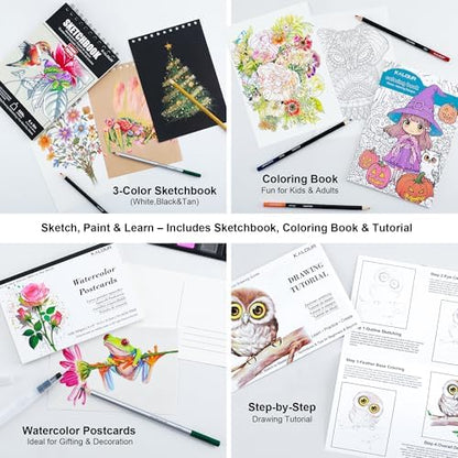 KALOUR 206 Drawing Set Sketching Kit,Art Supplies with 3-color Sketchbook & Coloring Paper,Include Tutorial, Colored, Graphite, Charcoal, Watercolor & Metallic Pencil,for Artists Adults Teens Beginner - Image 5