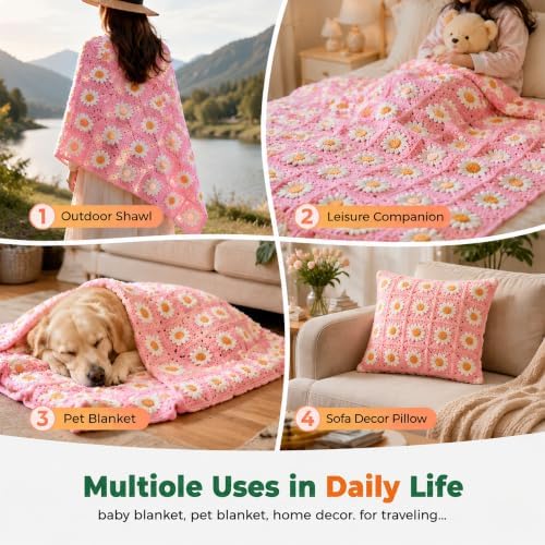 HHSarioneiro Crochet Blanket Kit for Beginners, Easy Granny Square Crochet Kit for Adults,with Step-by-Step Instructions and Clear Videos, Includes Multiple Accessories, Gift for Craft Lovers(Pink) - Image 6