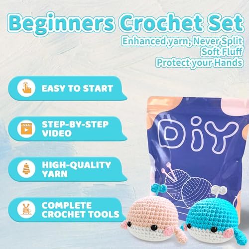 YAMAXIN Whale Crochet Kit for Beginners, Whale Marine Animal Easy Learn to Starter Amigurumi Knitting Kit and Yarn Craft Kits for Adults DIY with Step-by-Step Video Tutorials - Image 2
