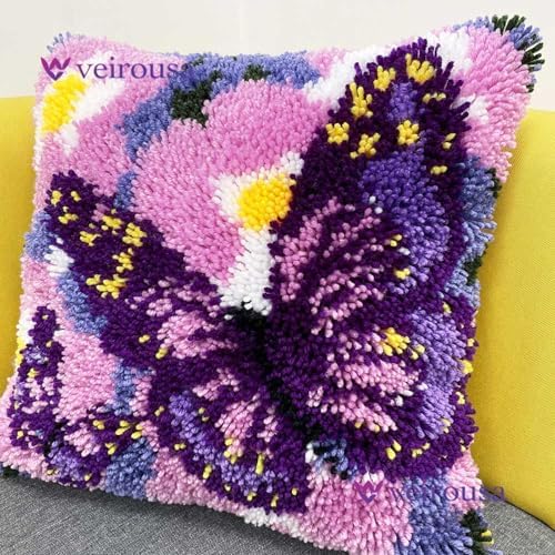 veirousa Butterfly Floral Latch Hook Kits for Adults Beginners DIY Crochet Pillow Kit Pre-Printed Pillowcase Hook and Latch Rug Kits Needlework Cushion Cover for Home Sofa Decoration 17x17 in. - Image 2