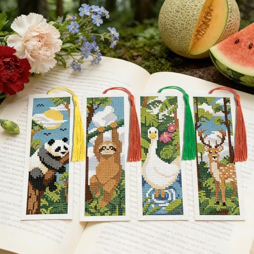 INFUNLY Forest Animals Cross Stitch Bookmark Kit 10x7.7 Wildlife Stamped Embroidery Bookmark Set Fox Raccoon Panda Needlework Bookmarks Kit Deer Goose Handmade Cross Stitch Bookmarks for Writer Gift - Image 5