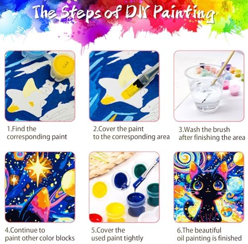 Yunnuo Paint by Numbers Kit for Adults Cat,Adult Paint by Number Kits on Canvas,Painting by Numbers for Beginners Black Cat and Starry Night,DIY Oil Painting Kit for Home Wall Decor Gift (16x20 Inch) - Image 6