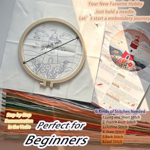 FONNUY Embroidery Kit for Beginners, Lighthouse Landscape Flowers Pre-Stamped Pattern Kits for Adults with Hoop, Easy to Follow Color Thread Needlework, 8'' Hoop (Orange) - Image 5