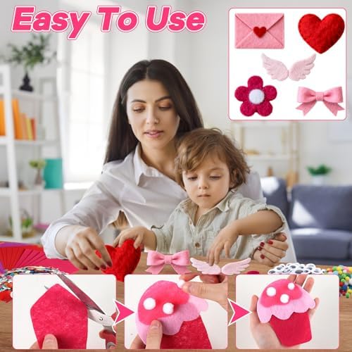 gisgfim 42Pcs Valentine's Day Pink-Purple Felt Fabric Sheet Craft Kit 8 x 12 Inch Assorted Soft Pink Felt Pack with Wiggle Eye Stickers Pom Poms Glitter Craft Supply for DIY Sewing Creative Art Deco - Image 4
