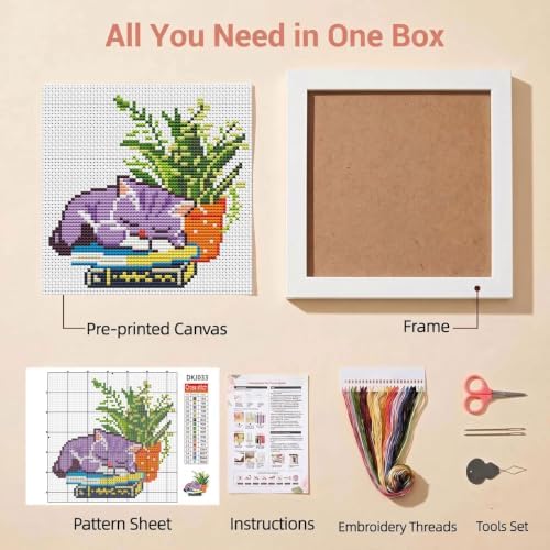 Sleepy Cat Greenery Stamped Cross Stitch Kits for Beginners with Framed - Image 2