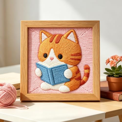 INFUNLY Cat Reading Punch Needle Kit for Beginners Book Cat Punch Needle Embroidery Kits for Adults DIY Punch-Stitching Kit with Instruction Threader Needles Square Frame for Wall Decor 9.4''x9.4'' - Image 4