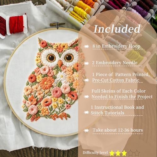 FONNUY Floral Owl Embroidery Kit for Beginners, DIY Handmade Flower Animal Embroidery Set with Hoop, Stamped Cross Stitch Kit for Adults, Unique Home Wall Art Decor & Craft Gift (Orange) - Image 2