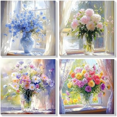 Bowetile 4 Pack Paint by Numbers for Adults Beginners Framed, Flowers Adults' Paint-by-Number Kits, Easy Adult Paint by Number Kits on Canvas, Acrylic Number Painting for Home Decor, 8x8in by BOWETILE