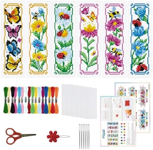 ORIGACH 6 Set Garden Floral Insect Cross Stitch Bookmark Kit for Beginner by ORIGACH