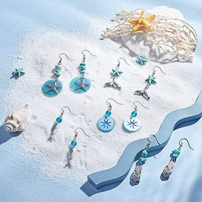 SUNNYCLUE 1 Box DIY 10 Pairs Starfish Mermaid Turquoise Earring Making Starter Kit Ocean Beach Summer Theme Earrings Synthetic Turquoise Beads Turtle Fish Crab Slipper Charm for DIY Jewelry Making - Image 5