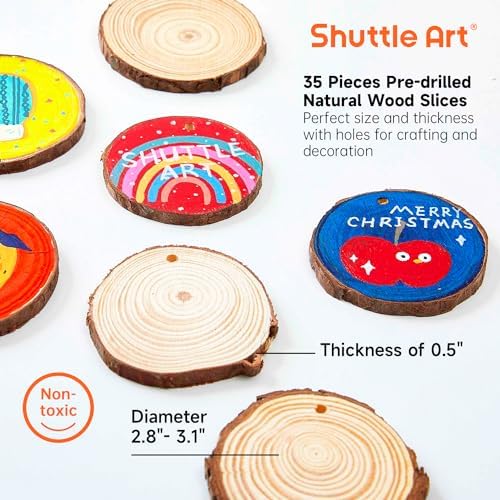 Wood Slices Kit, Shuttle Art 35 PCS Unfinished Natural Wood Slices with Pre-Drilled Hole, Acrylic Paint, Permanent Markers, Jute Twine, DIY Craft for Kids Adults Holiday Decoration Christmas Ornaments - Image 4