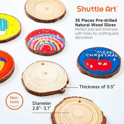 Wood Slices Kit, Shuttle Art 35 PCS Unfinished Natural Wood Slices with Pre-Drilled Hole, Acrylic Paint, Permanent Markers, Jute Twine, DIY Craft for Kids Adults Holiday Decoration Christmas Ornaments - Image 4