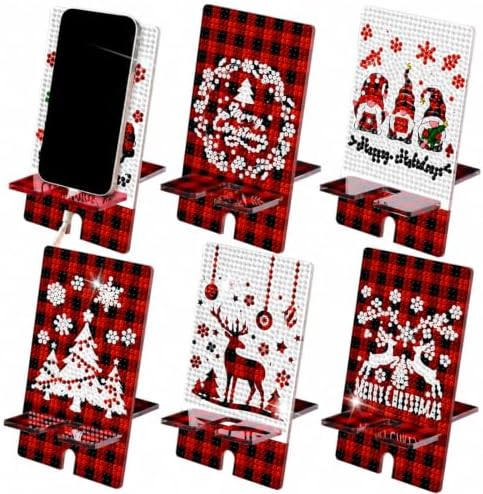 Saillong 6 Pcs Xmas Red Plaid Diamond Painting Phone Stand Full Drill by Saillong