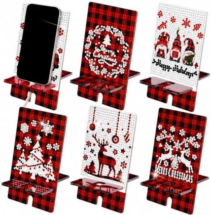 Saillong 6 Pcs Xmas Red Plaid Diamond Painting Phone Stand Full Drill by Saillong