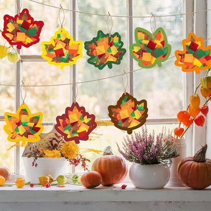CJiangpo 24 Sets Fall Maple Leaves Suncatcher Paper Craft Kits, DIY Stained Glass Effect Window Ornament Rainbow Tissue Paper Art Craft Classroom Activities Supplies Thanksgiving Party Decor - Image 5