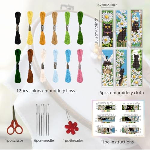 ORIGACH 6 Set Cat & Daisy Cross Stitch Bookmark Kit for Beginner - Image 2