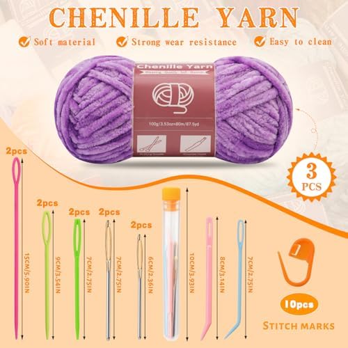 LUNARM Chenille Yarn 3 Pack 3.5oz Chunky Blanket Velvet Yarn 263 Yard - Image 2