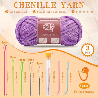 LUNARM Chenille Yarn 3 Pack 3.5oz Chunky Blanket Velvet Yarn 263 Yard - Image 2