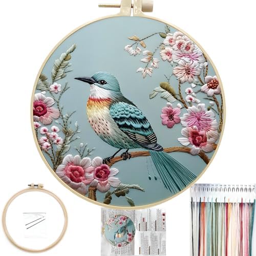 FONNUY Embroidery Kit for Beginners, Hummingbird Flowers Pre-Stamped Pattern Kits for Adults with Hoop, Easy to Follow Color Thread Needlework, 8''Hoop (Lightblue) by FONNUY