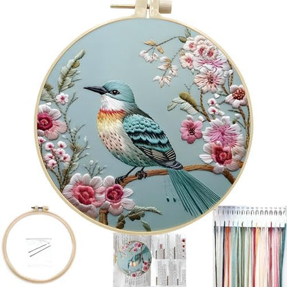 FONNUY Embroidery Kit for Beginners, Hummingbird Flowers Pre-Stamped Pattern Kits for Adults with Hoop, Easy to Follow Color Thread Needlework, 8''Hoop (Lightblue) by FONNUY