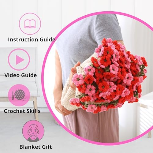 CSWCS Crochet Blanket Kit for Beginners, 40 inches Flower Bouquet Shawl Throw Kits for Adults, Learn How to Knitting with Yarn, Hook & Instructions, Gifts for Women Home Decor (Pink-red Hydrangea Kit) - Image 4