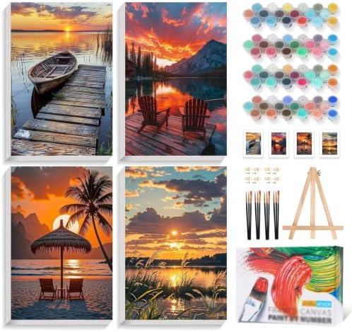 4 Pack Framed Paint by Numbers Kit for Adults with Wooden Easel, Sunset by Yezavesu