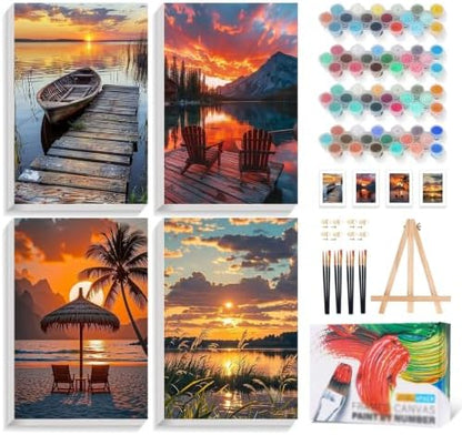4 Pack Framed Paint by Numbers Kit for Adults with Wooden Easel, Sunset by Yezavesu