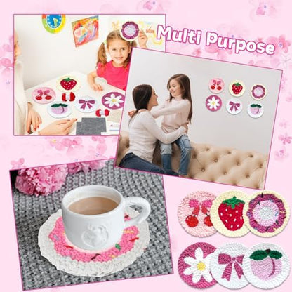 Pink Punch Needle Coaster Kit Strawberry Bow Floral Pattern Coasters Easy Punch Needle Embroidery Kit for Adults Beginner DIY Tufted Pads with Adhesive Felt Yarns Tools Embroidery Hoop Instruction - Image 6