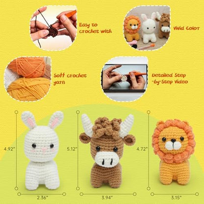 GONELYON Crochet Kit for Beginners, 3Pcs Amigurumi Crochet Animal Kits - Image 6