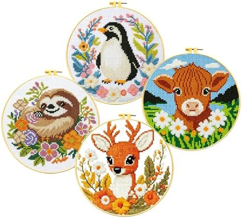 Zhenqing 4-Piece Animal Cross Stitch Kit for Beginners - Complete Set with Pre-Printed 11CT 24x24cm Fabric, Hoop & Tools (Penguin, Sloth, Cow, Deer Designs)(70405) by ZhenqingHomeFlagship