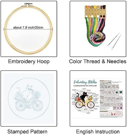 Louise Maelys Cat Bicycle Embroidery Kit for Beginners Floral DIY Craft - Image 2