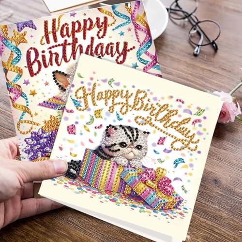JISHSHAY 6 PCS Diamond Painting Greeting Cards Cat Diamond Art Happy Birthday Cards with Envelopes Gem Art Animal Mosaic Kits for Adults, for Anniversary Valentine Thank You Graduation All-Occasion - Image 7