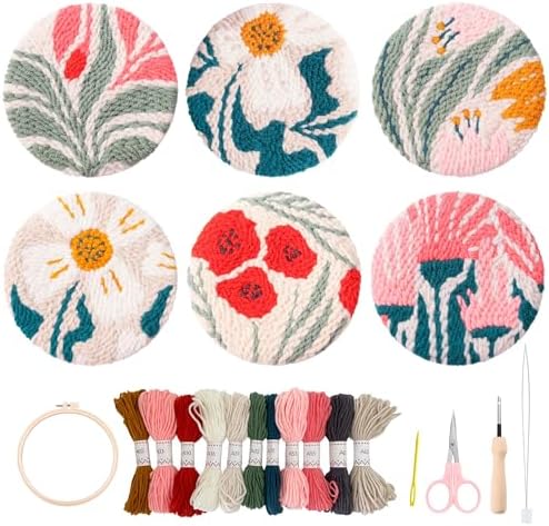 Punch Needle Coasters kit, 6-piece Flower Pattern Set - Cup Holder DIY Punching Needle Embroidery Kit (floral01) by Myfelicityembroiderykit