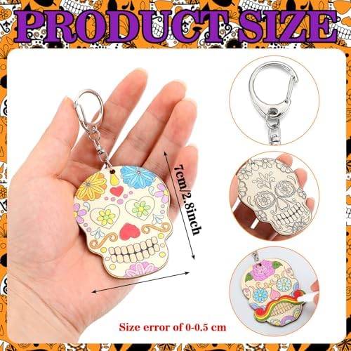 Trnayi 36 Pcs Day of The Dead Wood Keychain Color Your Own DIY Craft - Image 2