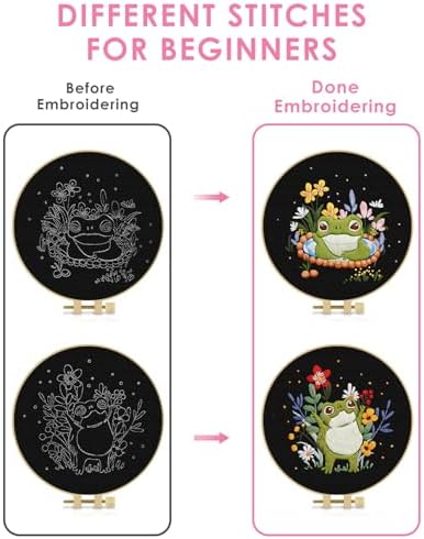 TINDTOP 2 Pack Embroidery Kit for Adult, Embroidery DIY Starter Kit, with Stamped Patterns, Hoop, Tools, Colorful Threads with Needles, Instructions (Frog) - Image 3