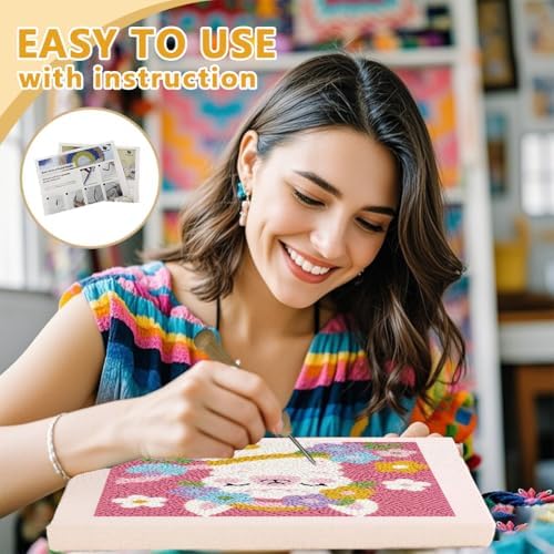 DOODLREAM Flower Alpaca Needle Kit for Beginner, 9.4"x 9.4" Cute Animal Punch Stitching Craft Set, DIY Embroidery Starter with Printed Frame, Instruction, Threader, Yarn, Pinch Needle - Image 3