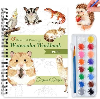 Watercolor Workbooks for Adults Beginners & Teens, 16 Colors 15 Beautiful Paintings, Pre-Outlined Designs, Easy Watercolor Art Book（Pet） by Terself