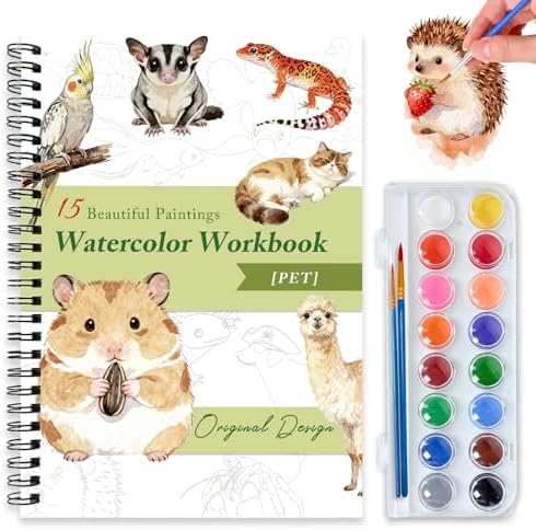 Watercolor Workbooks for Adults Beginners & Teens, 16 Colors 15 Beautiful Paintings, Pre-Outlined Designs, Easy Watercolor Art Book（Pet） by Terself