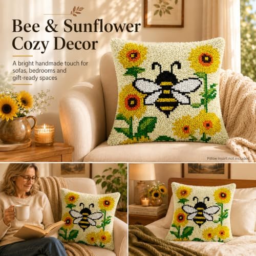 Bee Sunflower Latch Hook Kits for Adults Beginners, Pre-Printed 17“ X 17" - Image 2
